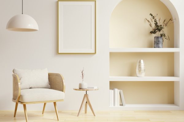 Mockup frames in living room interior with chair and decor,Scandinavian style.3d rendering